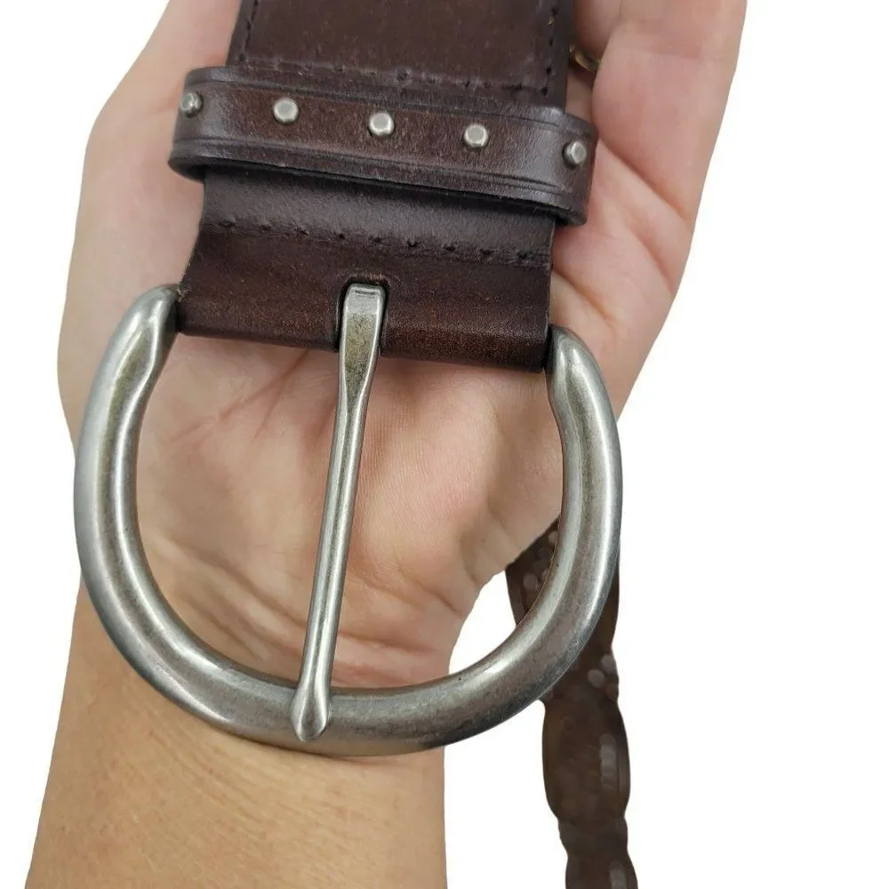 Esprit Womens Belt L Dark Brown Wicker Woven Braided‎ Silver Buckle Studded
